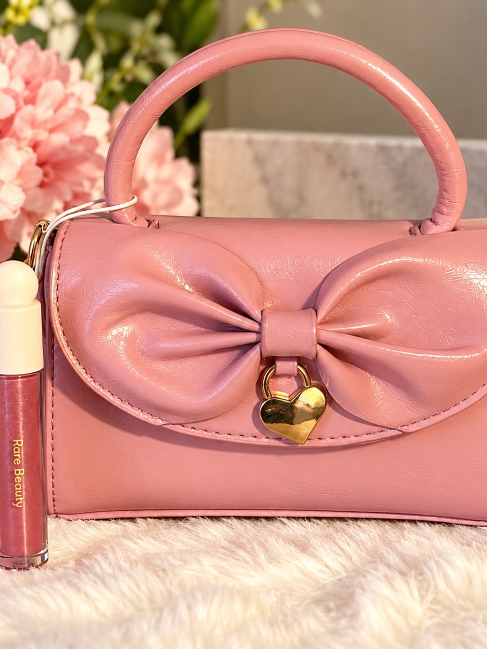 Pink Bow Accent Top-Handle Bag with Gold Heart Charm